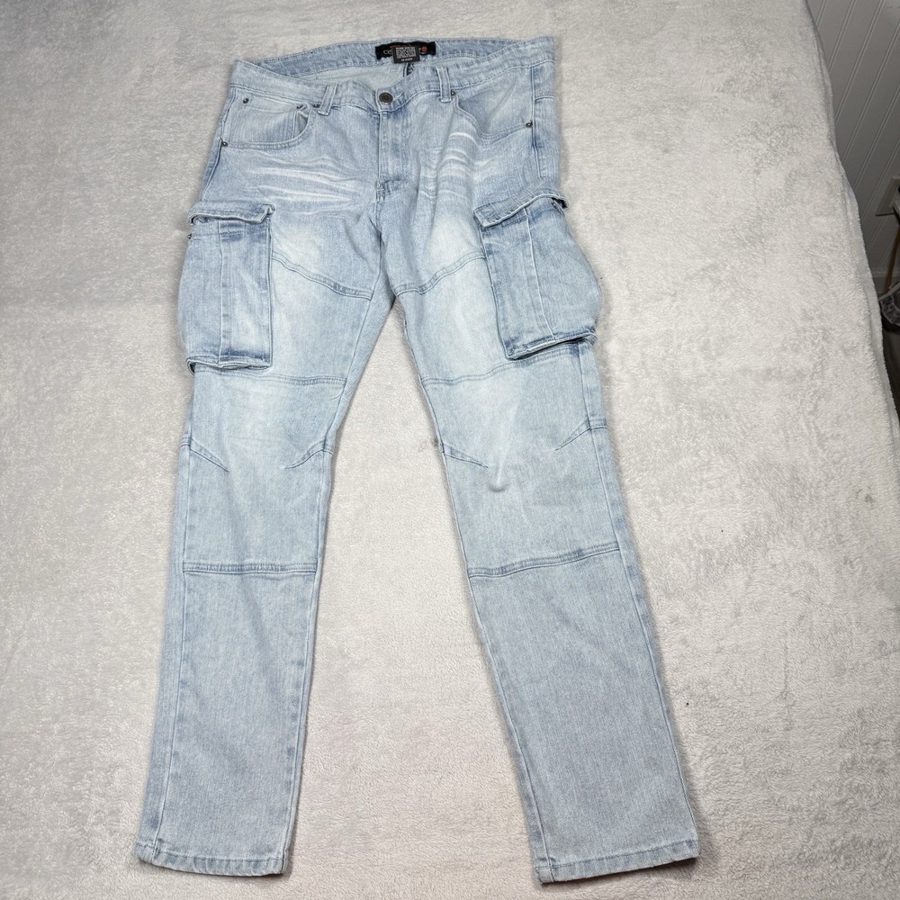 Copper Rivet Distressed Cargo‎ Pocket Double Knee Jeans 38x32 *FLAW*